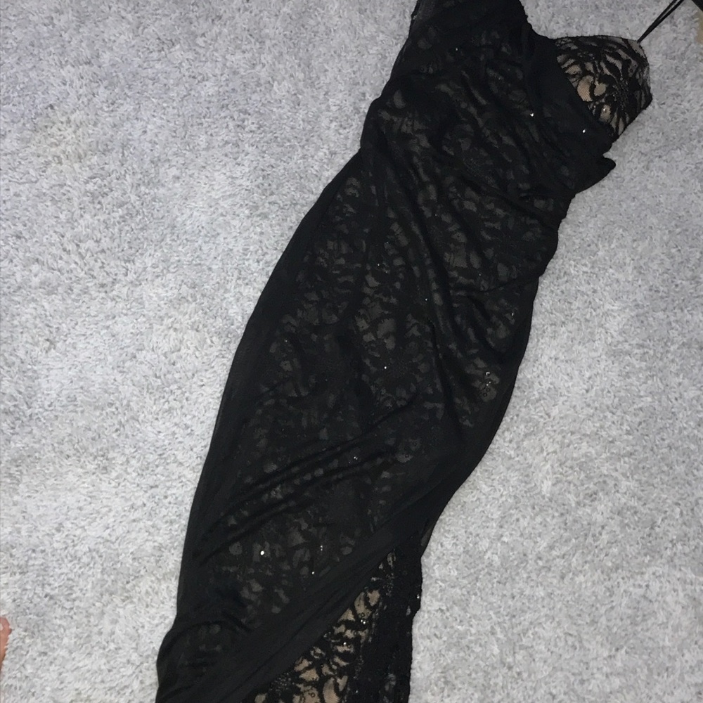 Floor length lace body con dress