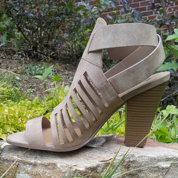 Heart in D Shoes - Heart in D taupe strap cutout/cage suedelike heels
