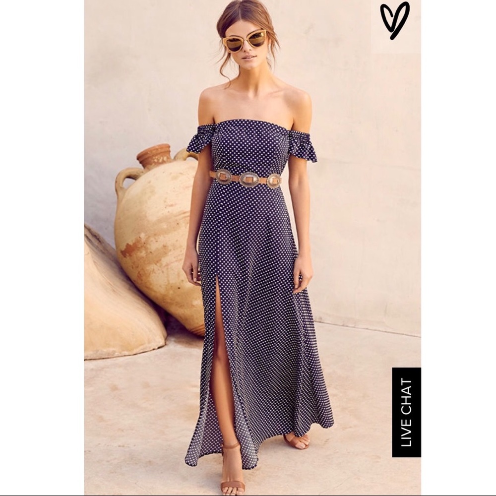 NAVY BLUE POLKA DOT OFF-THE-SHOULDER MAXI DRESS