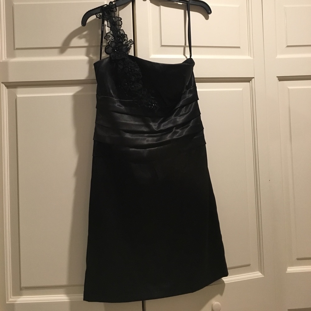 Black satin bodycon dress with lace shoulder