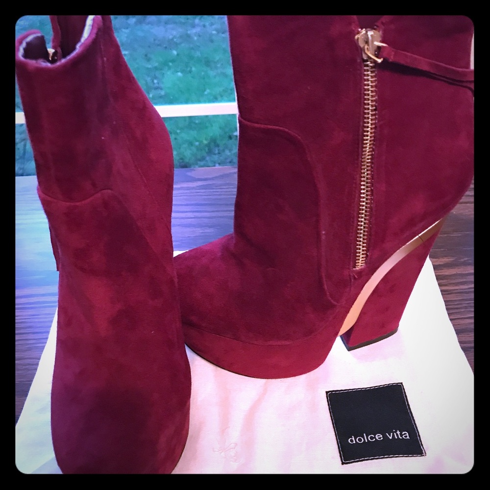 Dolce Vita wine suede booties.