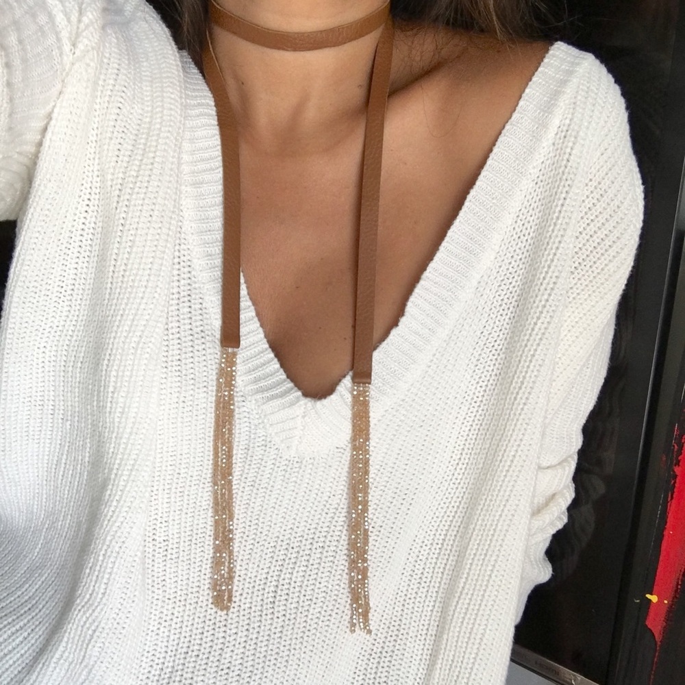 NWOT Genuine Leather and Bead Long Necklace