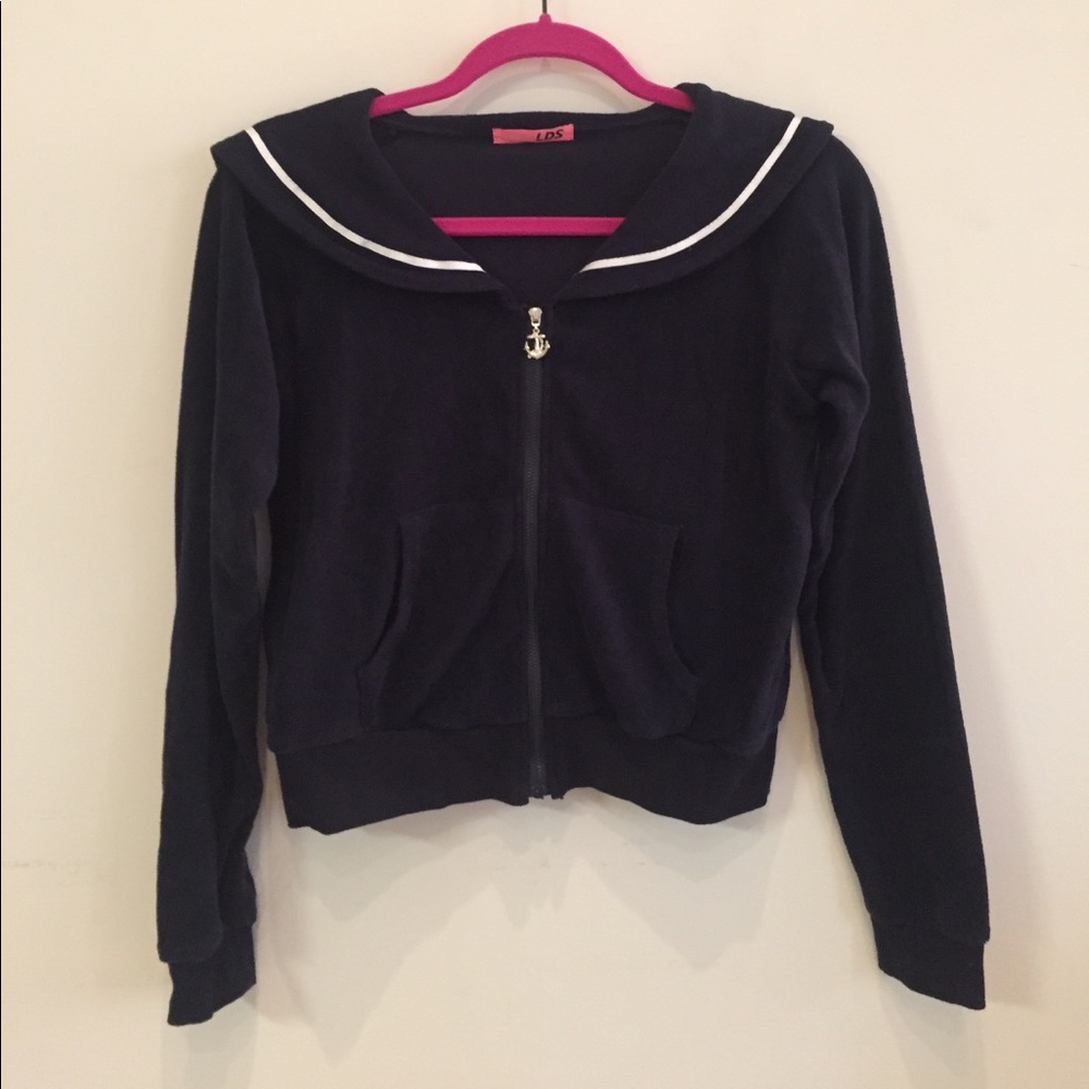 Navy Sailor Style Terry Cloth Zip Up Jacket