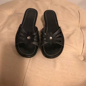 Black wedge sandals w jewel flower