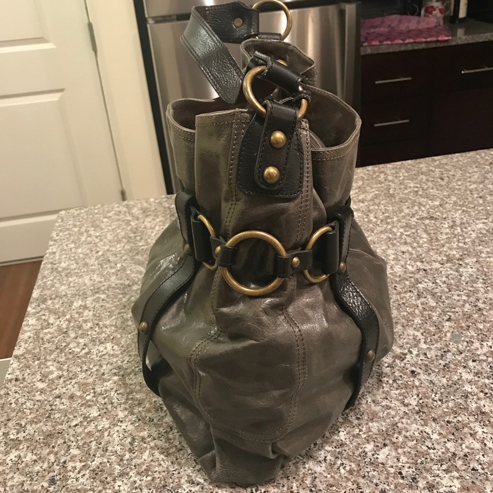 Gunmetal gray shoulder bag.