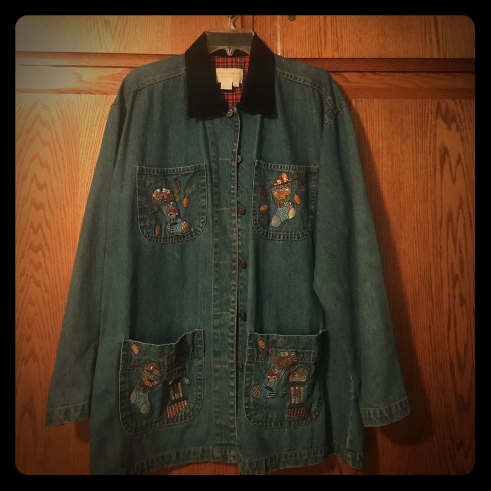 Denim coat w/ Christmas designs on pockets