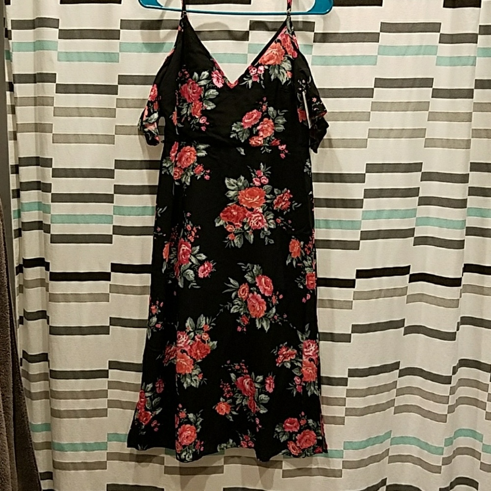 Black, Pink, green floral print knee length dress