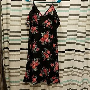 Black, Pink, green floral print knee length dress