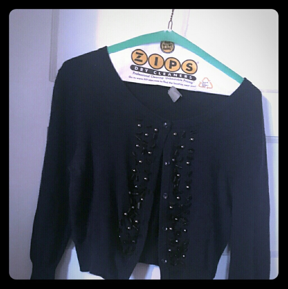 Navy sweater with beaded flowers