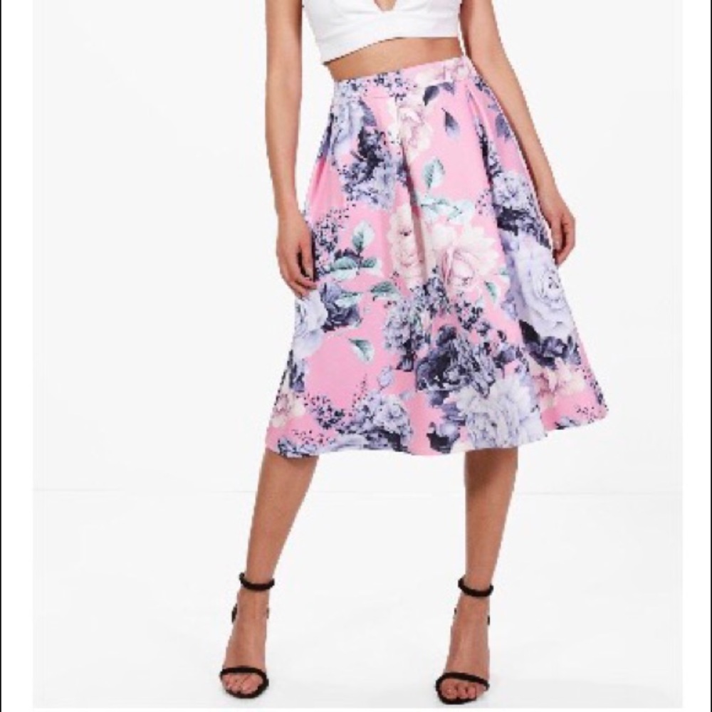Long pink floral skater skirt