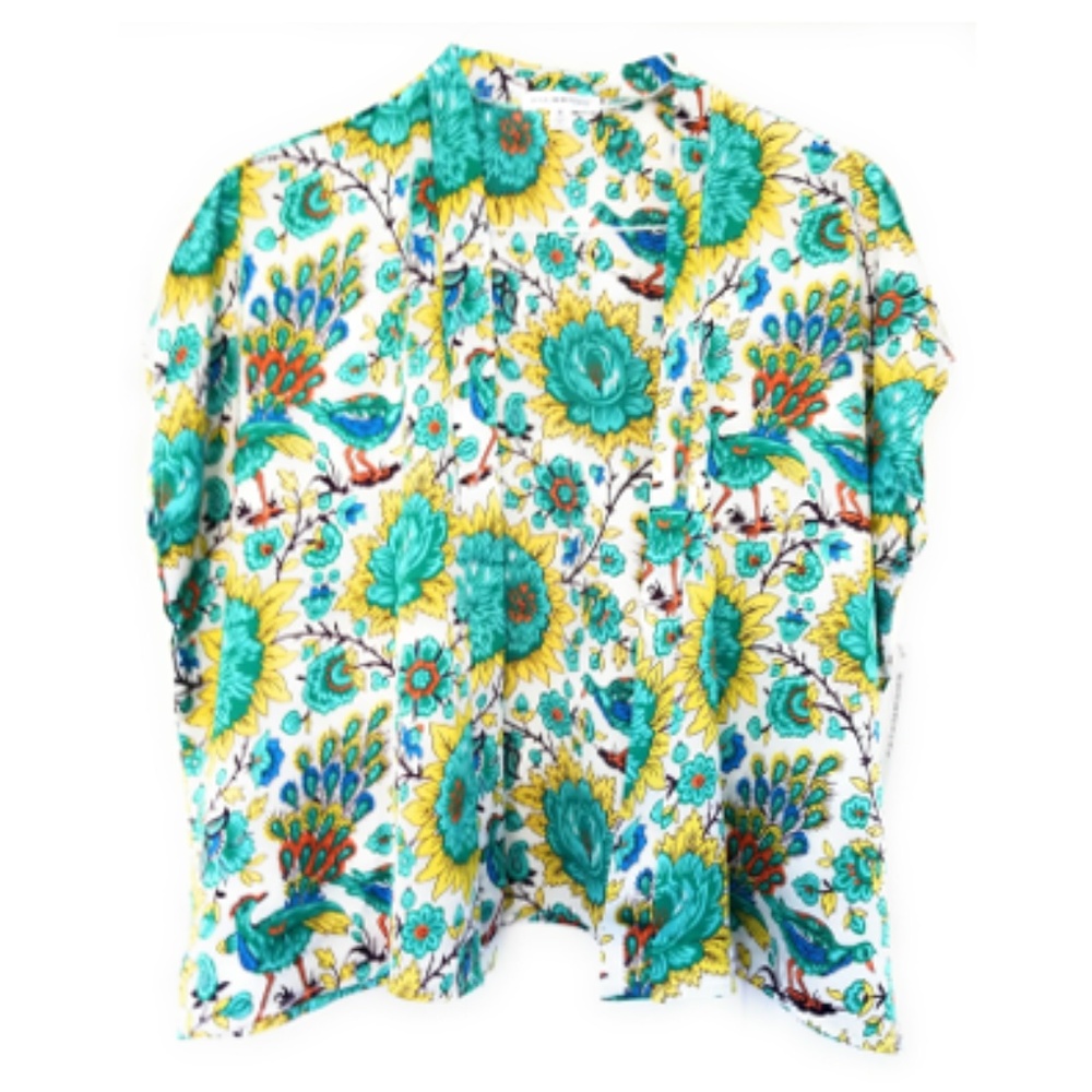 Floral Bird Print Satin Open Shawl