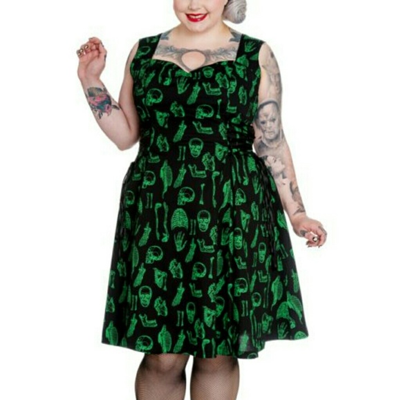 Modcloth Dresses & Skirts - Hell Bunny 4x 20/22 Skull Glow Dress Green Black