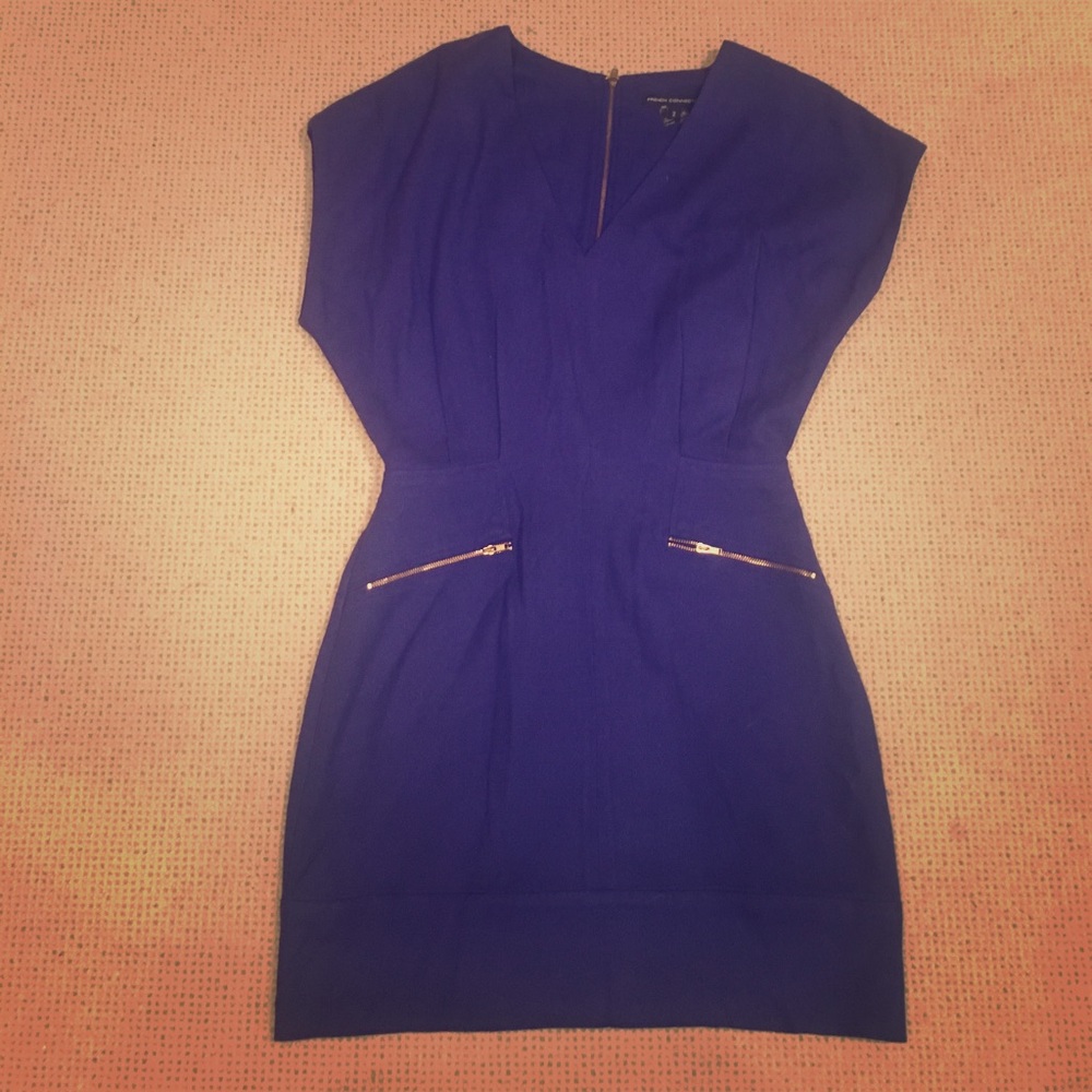 Blue French Connection dress with gold zippers