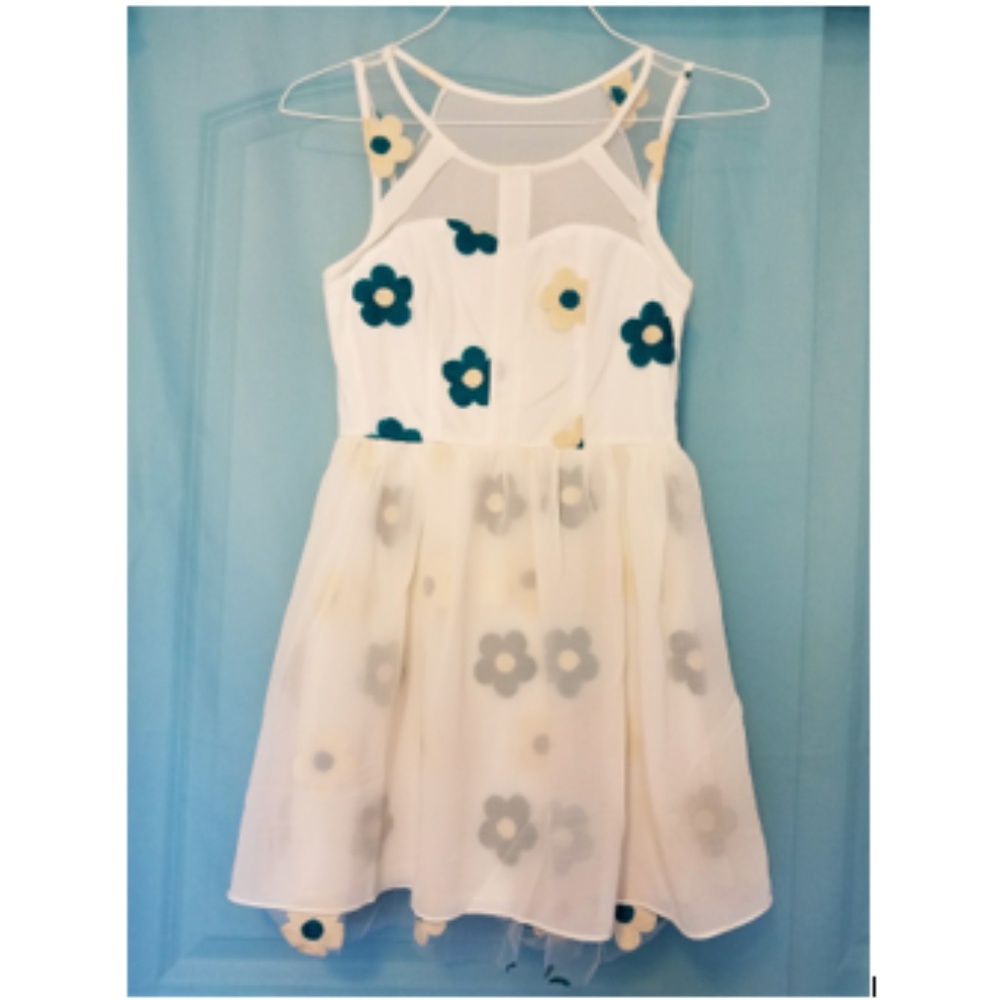 White Dress with Embroidered Blue Flowers Small
