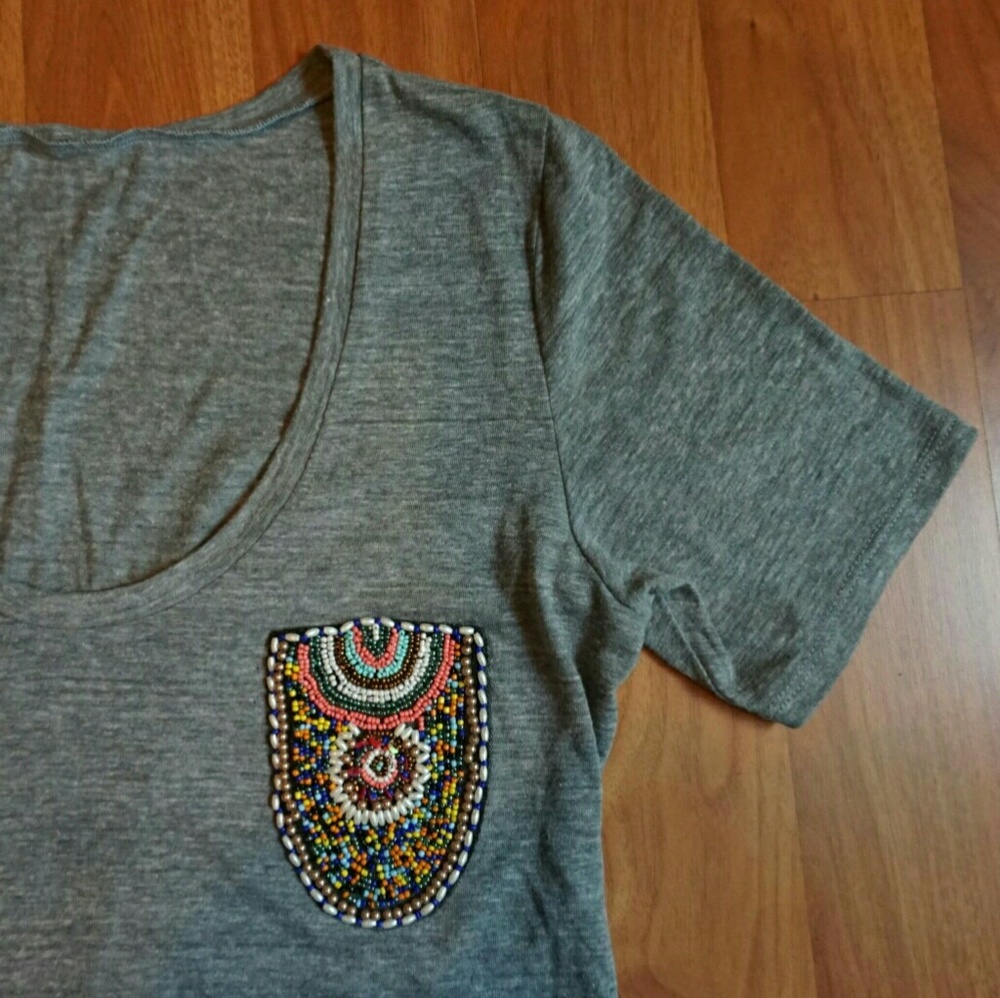 Soft Gray Embellished Pocket Tee