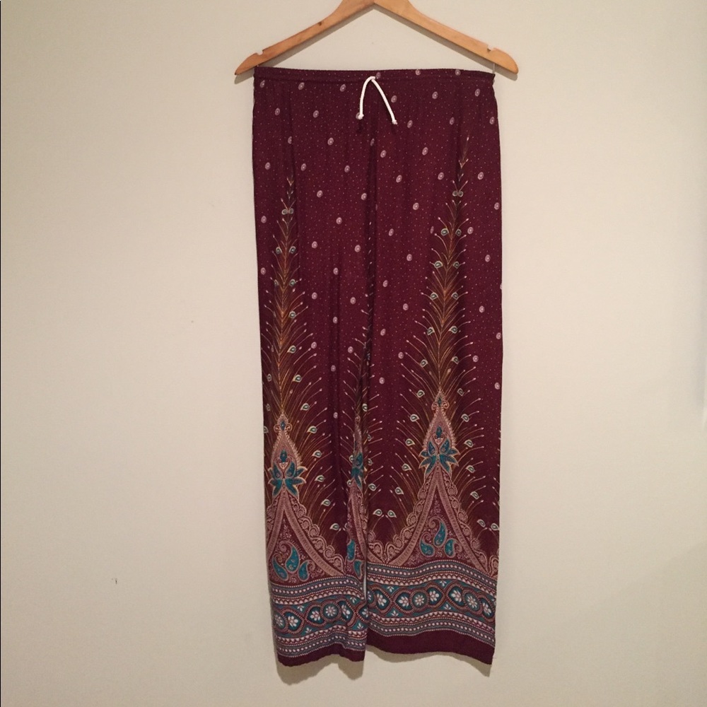 Brown elephant pants, intricate detailing.
