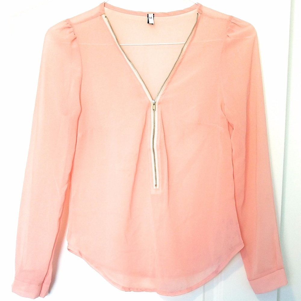 Peach Chiffon Long Sleeve Zippered Blouse Top Shir