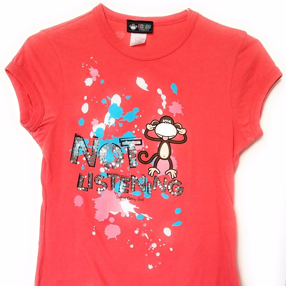 Coral Pink Sequined "NOT LISTENING" T-Shirt Blouse