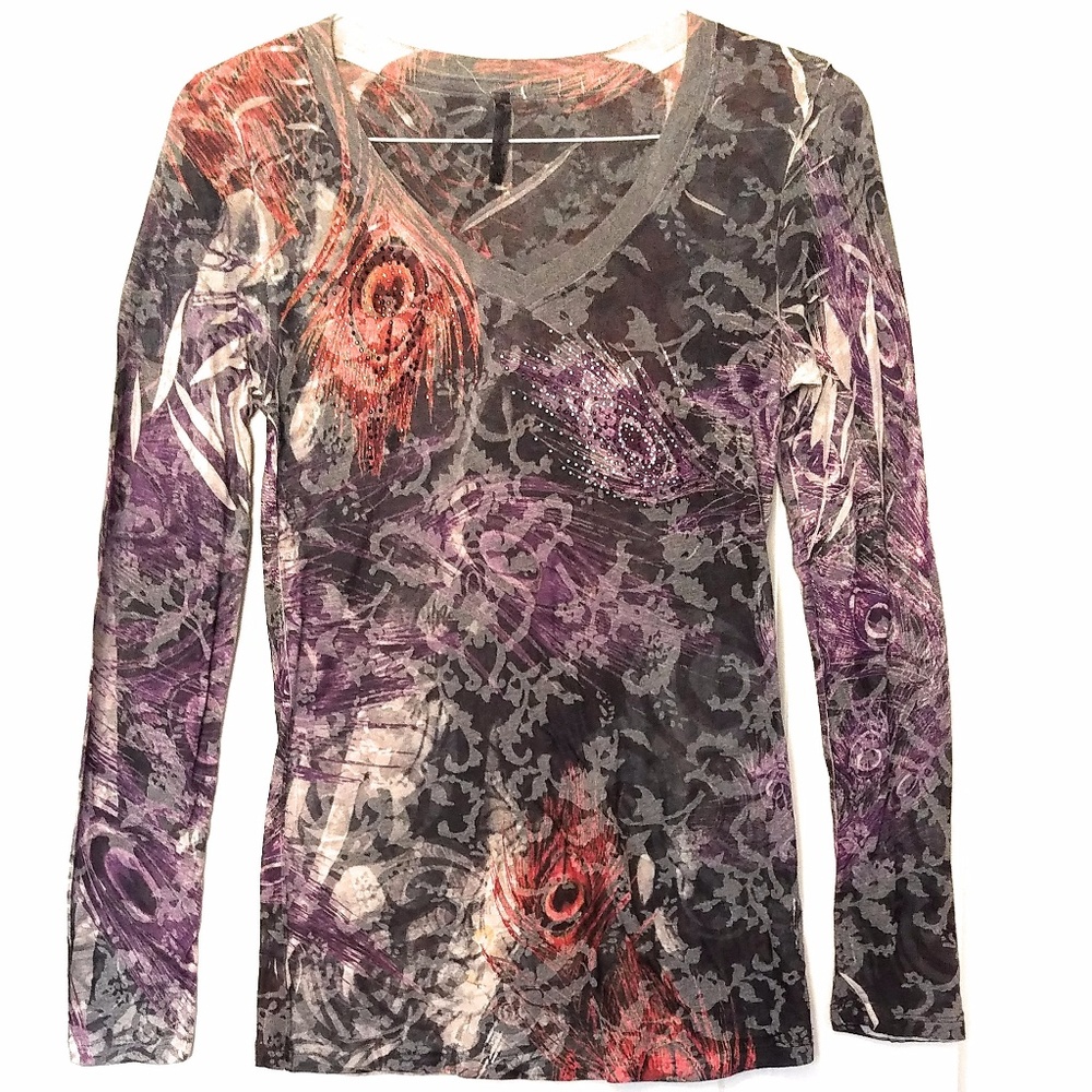 Gray and Purple Rhinestone Long Sleeve Blouse Top