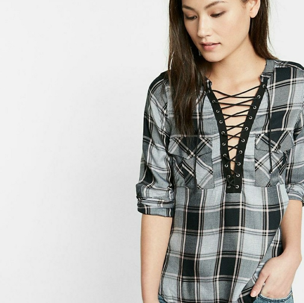 Black And Pink Plaid Lace-Up Shirt