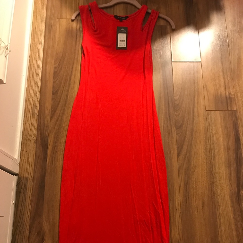 Red "cold shoulder" dress