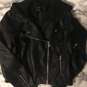 faux leather moto jacket with removable hood