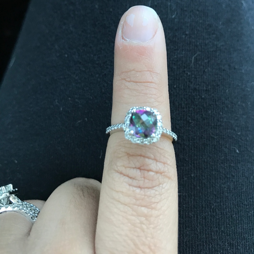 14k white gold with diamonds and mystic topaz