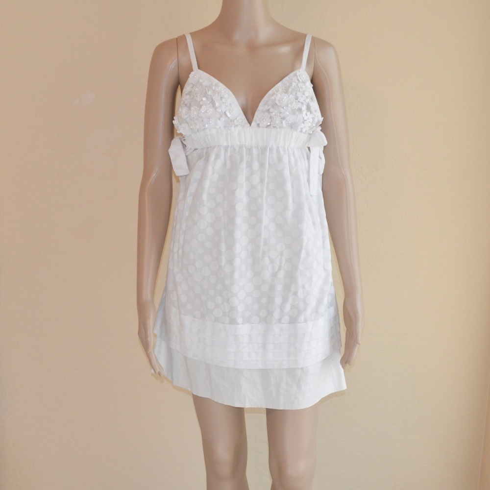 MANOUSH White 3D Flower & Polka Dot Mini Empire Waist Dress Size 2