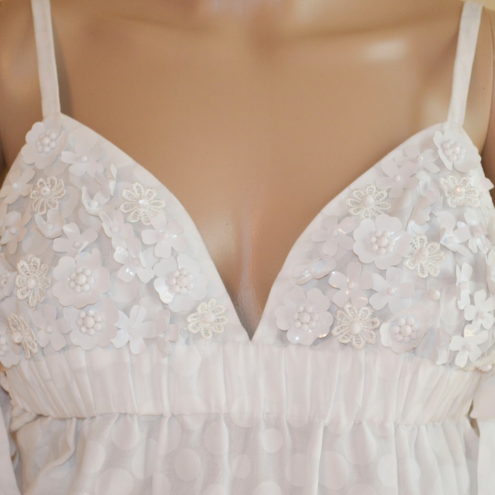 MANOUSH White 3D Flower & Polka Dot Mini Empire Waist Dress Size 2 - Picture 2 of 8