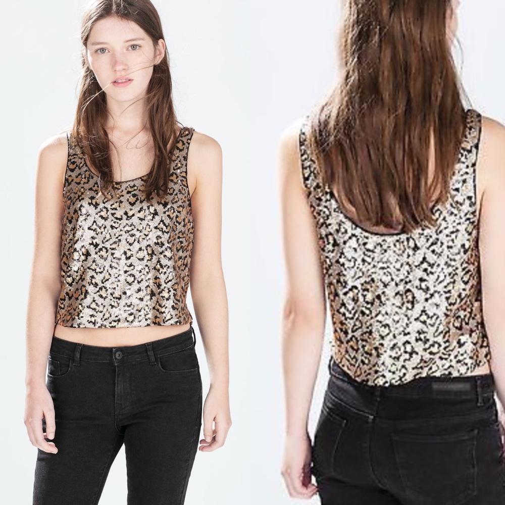 NWOT 🐾 ZARA Sequin Animal Print Leopard Crop Top - Picture 6 of 7