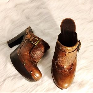 Brown Bohemian Leather Clogs Mule Heels Platform