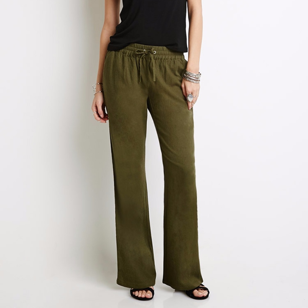 Olive Linen-Blend Drawstring pants