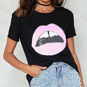 Sequin Black Lips T-Shirt, Nasty Gal