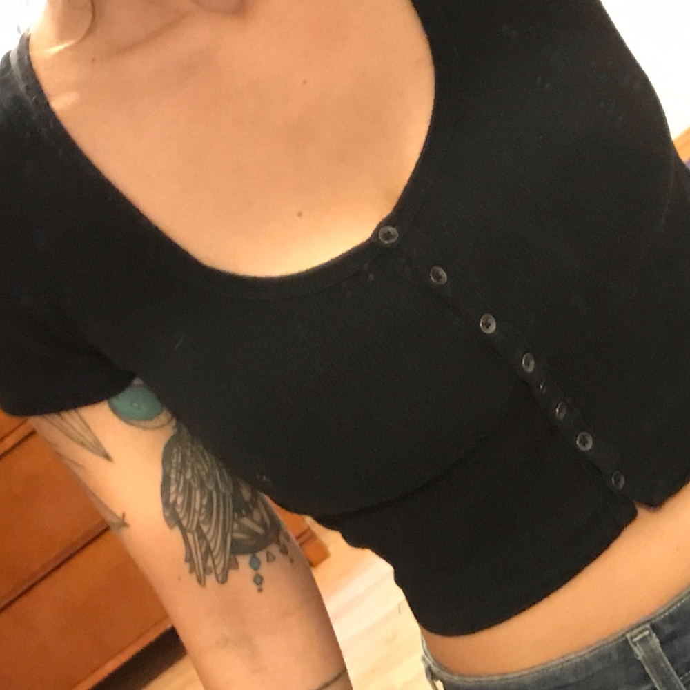 Black teenie button up (or down) crop top