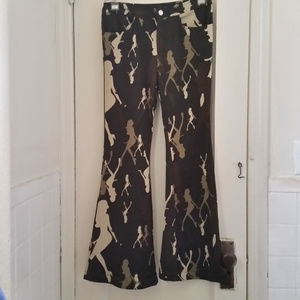 Vintage Dancing Girl Print Flare Bell Bottoms