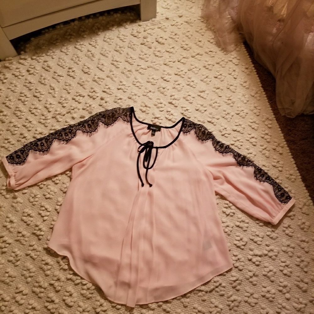 SILKY Pale Pink Black Lace Blouse