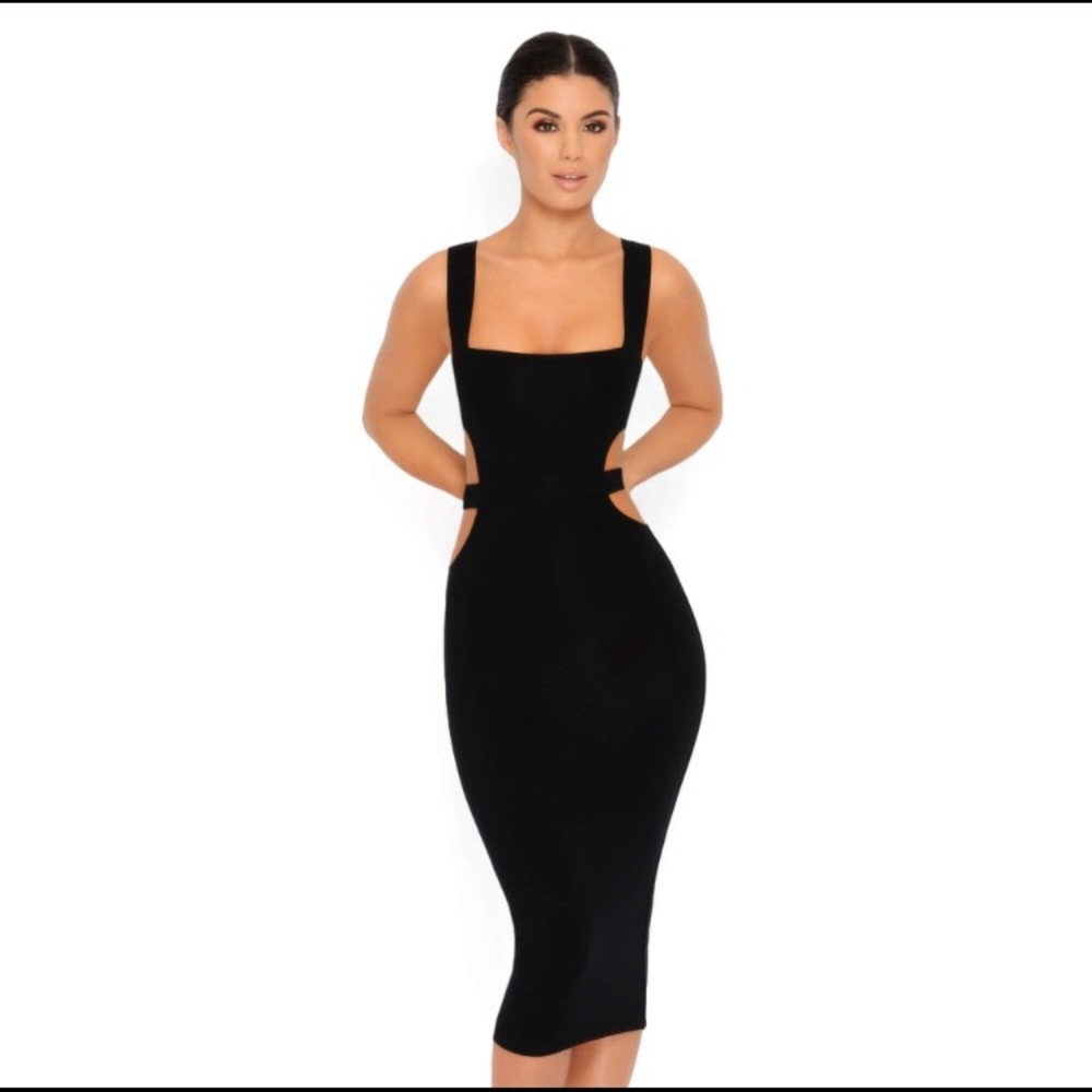 Cut out side double layer midi dress Black