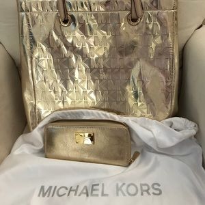 NWNT 100% Gold Michael Kors Med. tote w/ wallet.
