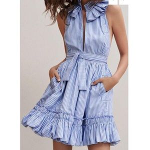 Blue White Stripe Backless Ruffle Highcollar Dress