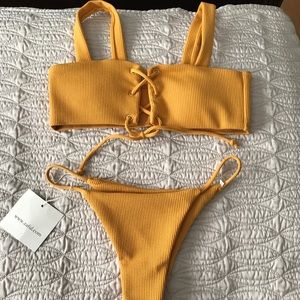 Ribbed Texture Lace Up Bathing Suit