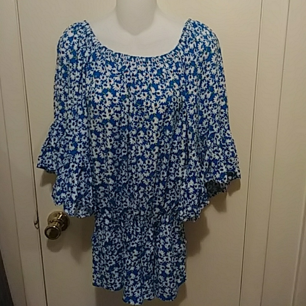 "BALI" BLUE FLORAL ROMPER WITH FLARED SLEEVES M/L