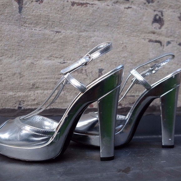 Vintage Y2K Burberry Metallic Silver Slingback Peep Toe Platform High Heel Shoe - Picture 11 of 12