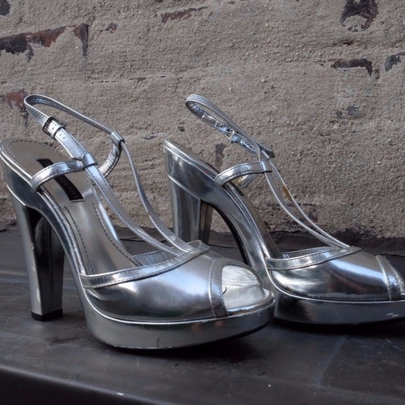 Vintage Y2K Burberry Metallic Silver Slingback Peep Toe Platform High Heel Shoe - Picture 5 of 12