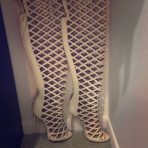 Rihanna thigh high tan heels