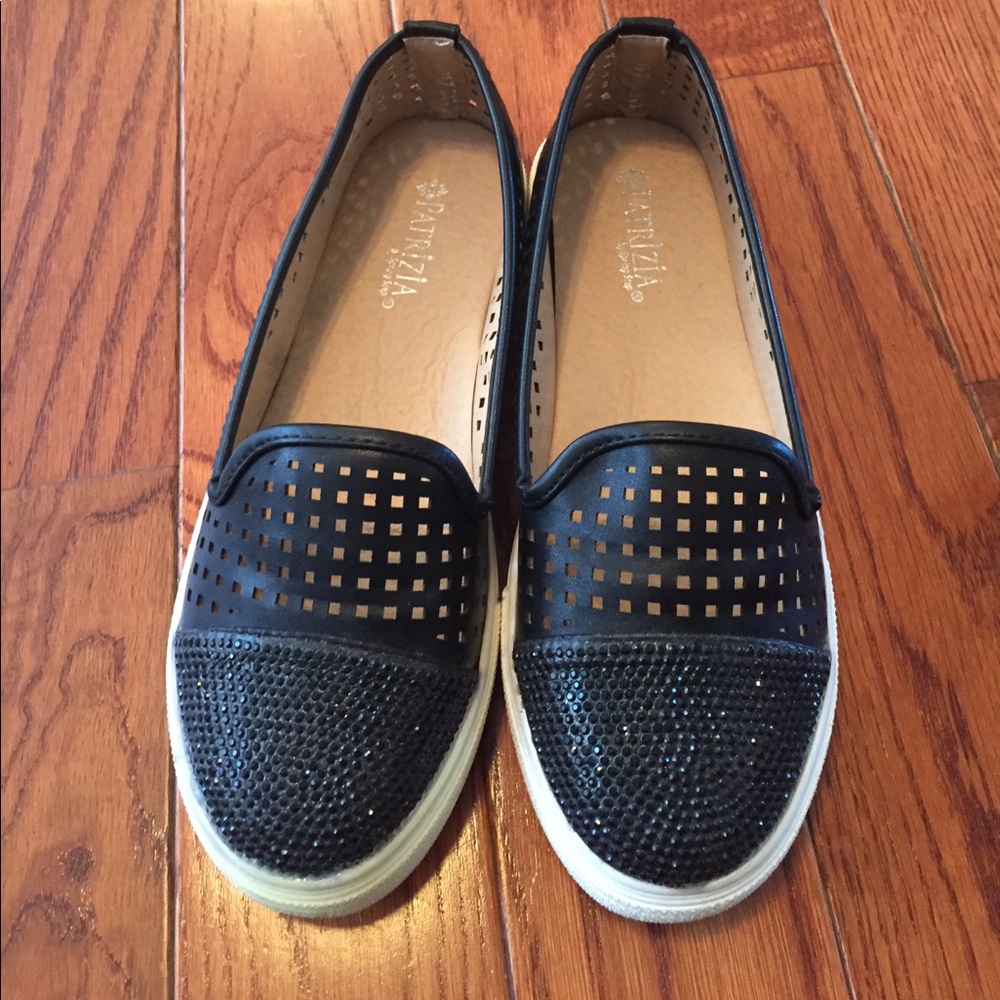 Black caged rhinestone slip ons