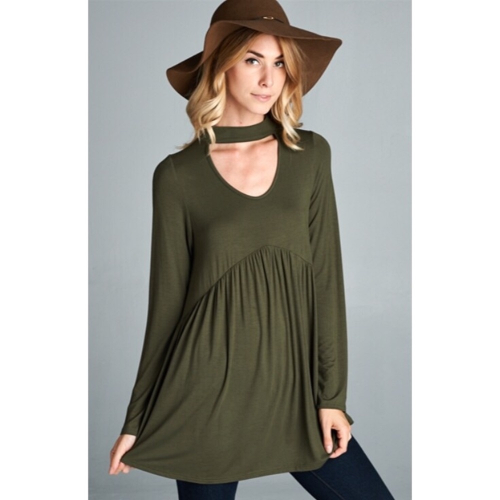 Olive High Neck Keyhole Tunic
