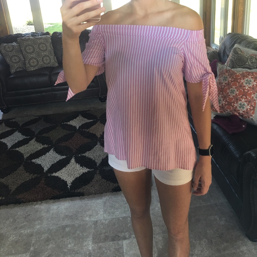 Pink and White Off the Shoulder Top with Ties