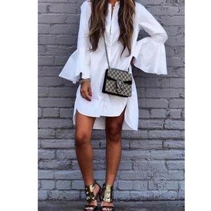 White Flair Sleeve Button Down Shirt Dress