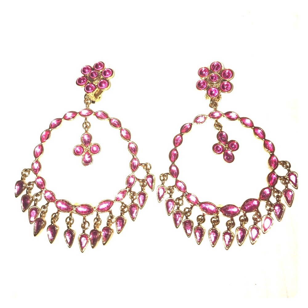 Pink Flower Gem Clip on Earrings