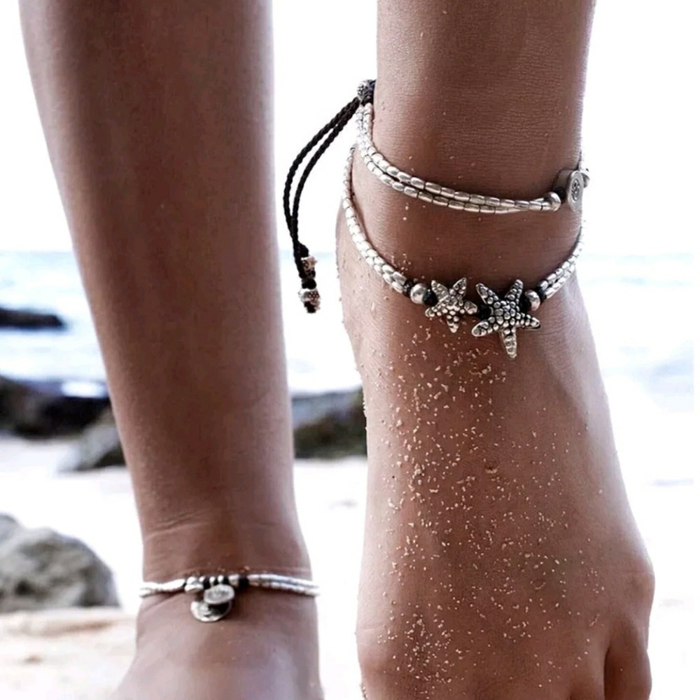 Set of Two 2 Silver Starfish  Ohm Ankle Bracelets